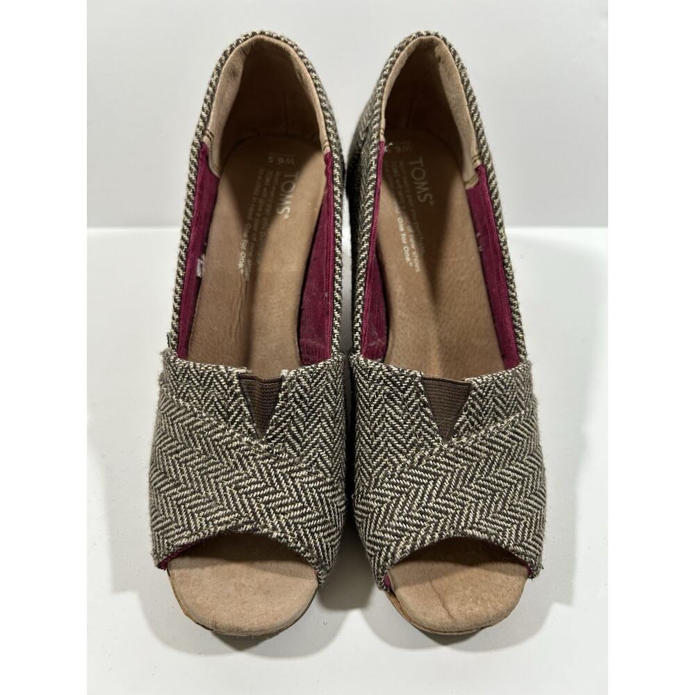 Toms Tweed Herringbone Brown Tan Peep Toe Cork Wedge Heel Women’s Size 6.5 - Picture 2 of 8